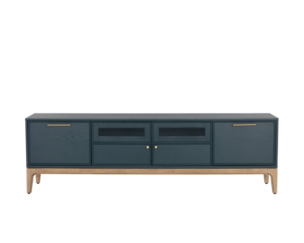 Sunpan Rivero Mid-Century Modern Media Console in Teal Oak with Gold Hardware and Ample Storage Solutions
