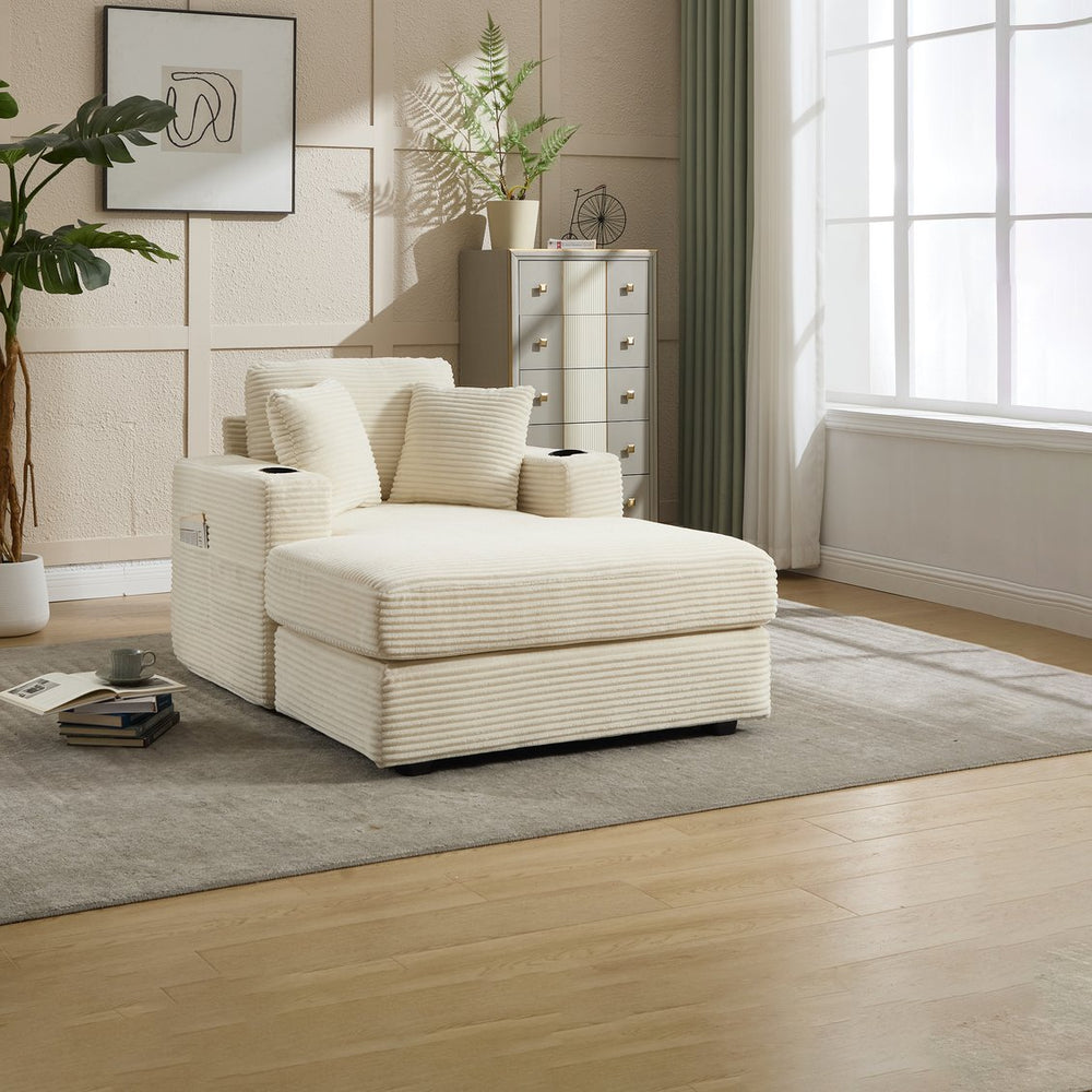 English Elm [New]Corduroy Chaise Lounge Sofa with Cup Holders,Detachable Cushions,Deep SeatMagazine Bag Beige W2120P322752