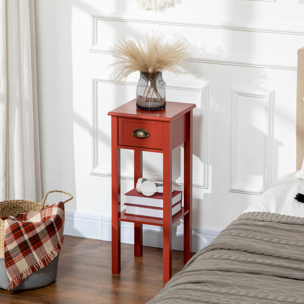 English Elm HOMCOM Narrow 2-Tier Side Table with Drawer and Elevated Shelf — Slim Accent End Table, Sturdy Storage Red W2225P200906