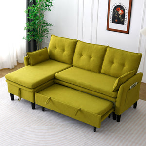 English Elm L-Shaped Reversible Chaise Sectional Sofa with Storage and Fold-Out Bed Cotton-Linen Modern Design Green W3371S00026