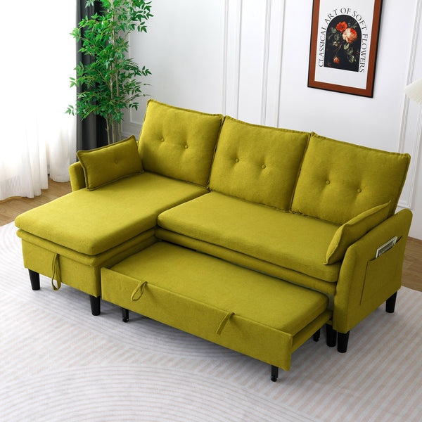 English Elm L-Shaped Reversible Chaise Sectional Sofa with Storage and Fold-Out Bed Cotton-Linen Modern Design Green W3371S00026