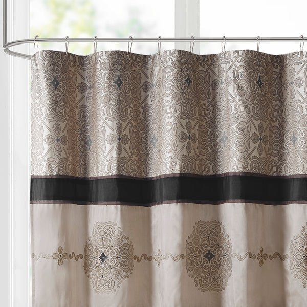 JLA Home Madison Park - Embroidered Jacquard Shower Curtain with Medallion Color-Block Design, Rust‑Resistant Grommets, 72x72 MP70-8302