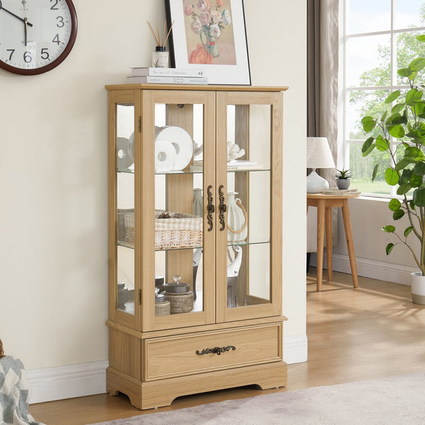 English Elm Glass Lighted Curio Cabinet with Adjustable Glass Shelves, 2 Doors 1 Drawer, Oak Finish, Bulb Included and Anti-Tip Safety Strap for Secure Display of Collectibles W2275P178890
