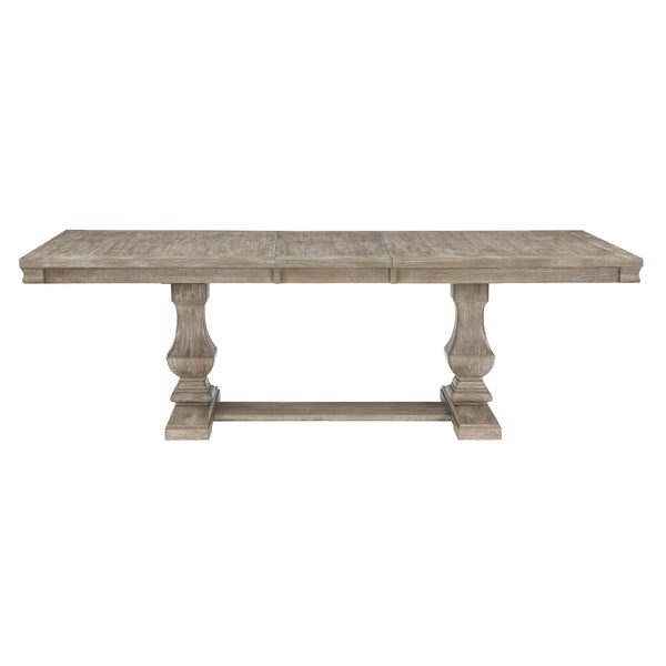 English Elm Traditional Southlake Dining Table with 18" Extension Leaf, Brownish-Gray Wire-Brushed Oak Veneer, Double Pedestal Base B011S01478