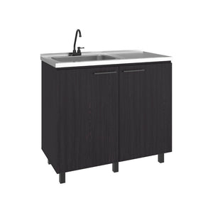 English Elm Napoles Freestanding Stainless Steel Utility Sink with Faucet and Storage Shelf Black + Dark Walnut B070S00406