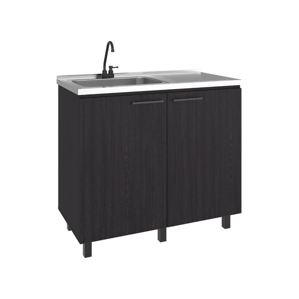 English Elm Napoles Freestanding Stainless Steel Utility Sink with Faucet and Storage Shelf Black + Dark Walnut B070S00406