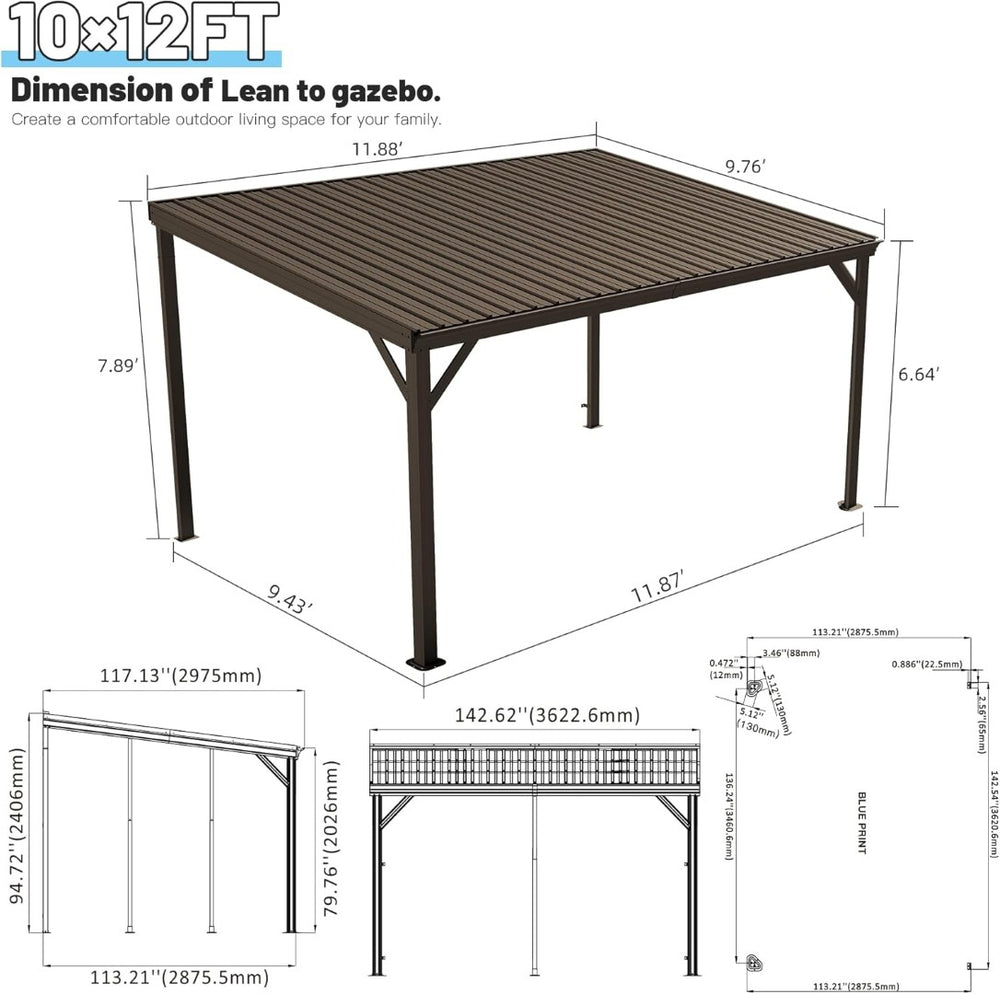 English Elm 10x12ft Lean to Hardtop Gazebo Wall Mounted Steel Roof Shelter for Deck Patio Brown W1859S00194