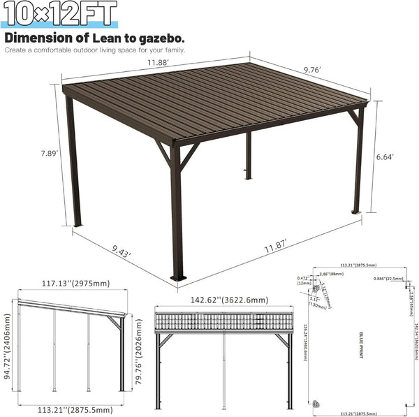English Elm 10x12ft Lean to Hardtop Gazebo Wall Mounted Steel Roof Shelter for Deck Patio Brown W1859S00194