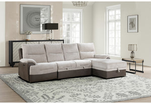 English Elm KIA Beige/Brown Sectional Sofa with Power Recline, USB Charging, Storage Chaise, Two-Tone Fabric Finish B201S00123