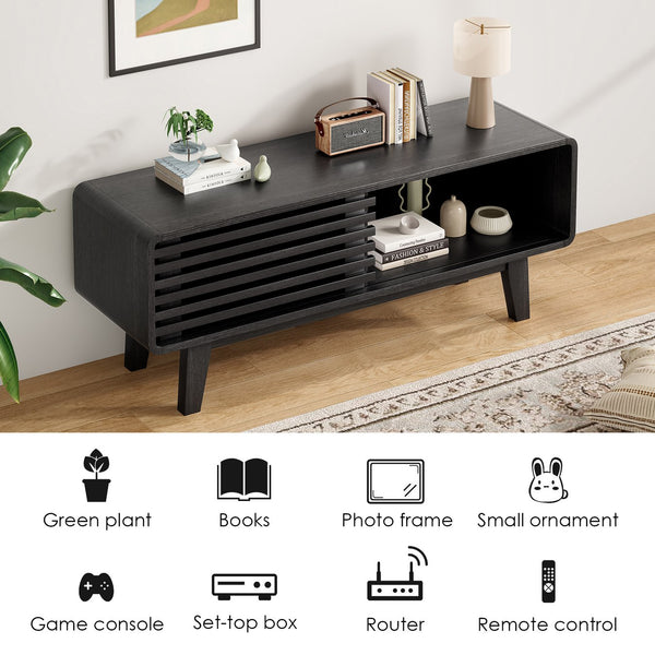 English Elm TV Stand Sleek Mid-Century Console with Sliding Door Storage and Open Shelves for Organized Living Room Black T3623P379948