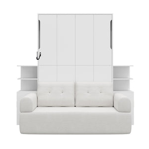 English Elm Full Size Murphy Bed System with Integrated Sofa and Storage Towers for Guest Rooms White LP000380AAK