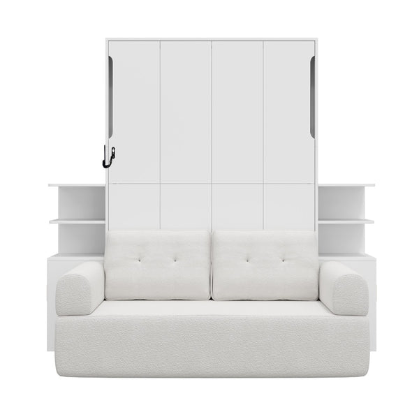 English Elm Full Size Murphy Bed System with Integrated Sofa and Storage Towers for Guest Rooms White LP000380AAK