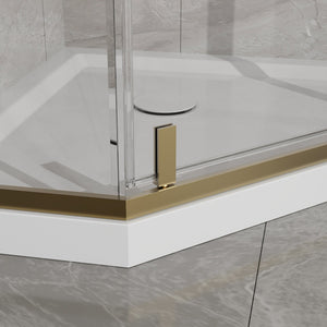 English Elm Goodyo Neo-angle Corner Shower Enclosure Gold Frame Tempered Glass with Acrylic Base W1223S00042