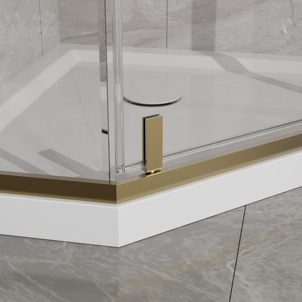 English Elm Goodyo Neo-angle Corner Shower Enclosure Gold Frame Tempered Glass with Acrylic Base W1223S00042