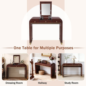 English Elm Classic Flip Top Vanity Desk with Gold Accents 2 Drawer Retro Bedroom Dressing Table Espresso N704P381406P