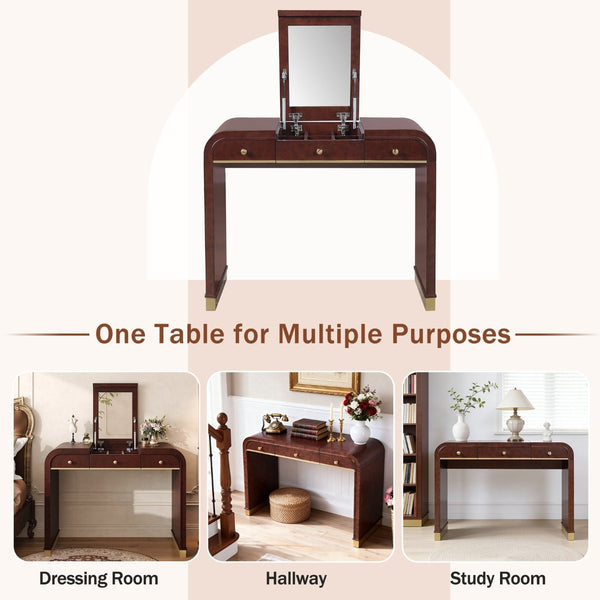 English Elm Classic Flip Top Vanity Desk with Gold Accents 2 Drawer Retro Bedroom Dressing Table Espresso N704P381406P