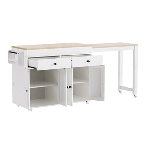 English Elm K&K 74.5" Kitchen Island with 27" Extendable Dining Table, 4-Door Storage, 2 Drawers, Rolling Cart Off White N707S000009W