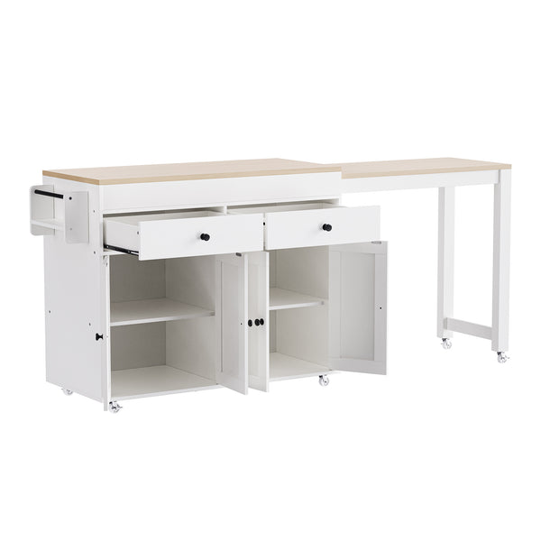 English Elm K&K 74.5" Kitchen Island with 27" Extendable Dining Table, 4-Door Storage, 2 Drawers, Rolling Cart Off White N707S000009W