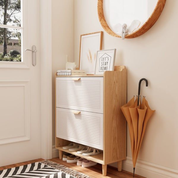 English Elm Shoes Storage Cabinet Slim Flip Door Entryway Organizer with Natural Wood Legs 16 Pairs W3166P268391