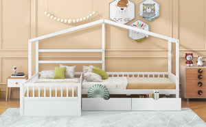 English Elm Twin House Platform Bed with Three Storage Drawers for Kids, Solid Pine & MDF, Sleek Roof Design White GX001026AAK