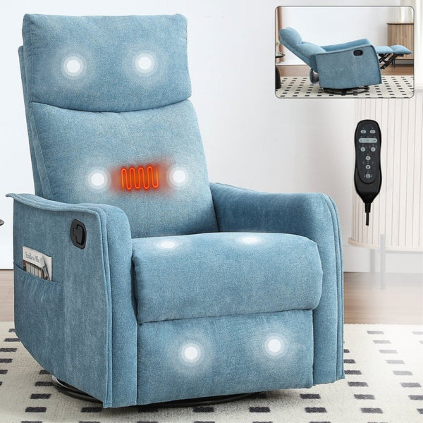 English Elm Heat Massage Rocker Recliner with Swivel Base and Vibrating Nodes for Living Room Blue W1803P251883