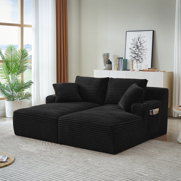 English Elm Compressible Corduroy Double Chaise Lounge with Cupholders, No Assembly, Spring-Padded Comfort Sleeps 94 Black W2339P346397