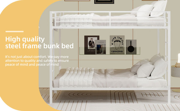 English Elm Multi-Functional Square Tube Iron Bunk Bed with Dual Ladders, Sturdy Space-Saving Frame for Rooms White W1935P360920