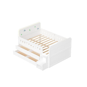 English Elm Wooden Full Bed Frame with Led Headboard Four Storage Drawers and Ladder Shelf White N7090004028K