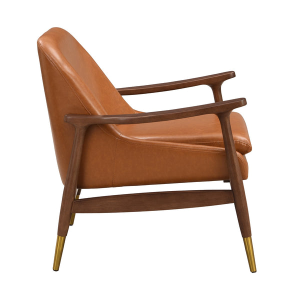 English Elm Christopher Knight Home® - [Set of 2] Mid-Century Faux Leather Accent Chair with Solid Wood Frame, Brass-Tipped Legs, Plush Cushions Brown N767P205863B_2