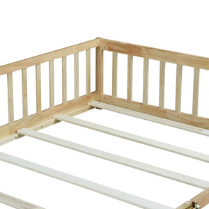 English Elm Queen Rubberwood Floor Bed with Perimeter Fence and Latch Door for Toddler Safety W504P370525