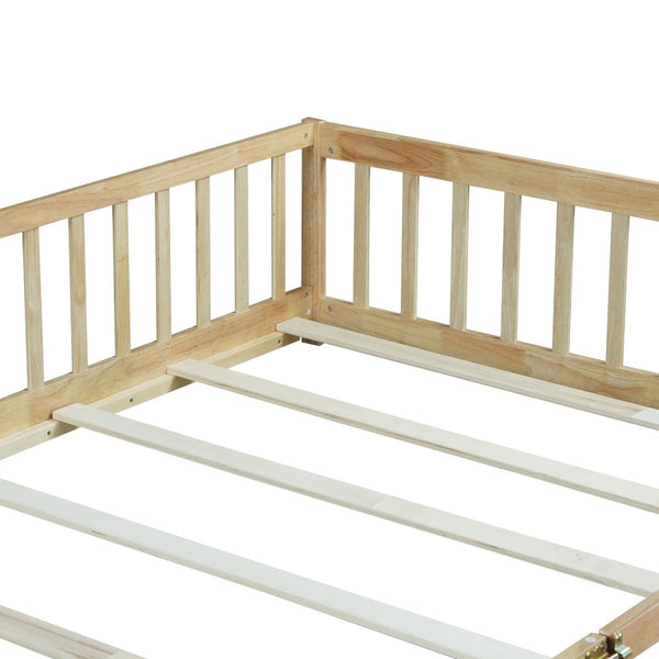 English Elm Queen Rubberwood Floor Bed with Perimeter Fence and Latch Door for Toddler Safety W504P370525
