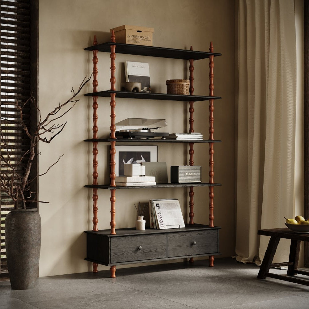 English Elm Bookcase Five Tier Matte Black Solid Wood Veneer Shelving Unit with Base Drawers W2263P434053