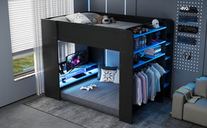 English Elm Full Size Gaming Bunk Bed with Rgb Lighting Integrated Desk Wardrobe and Storage Blue LT100266AAC