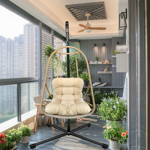 English Elm Swing Egg Chair with Stand - Foldable Rattan Hanging Basket Seat, Cushioned Comfort, Cup Holder Beige+Brown W2707P388617