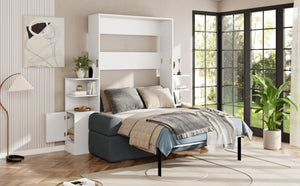 English Elm Full Size Murphy Bed System with Integrated Sofa and Storage Towers for Guest Rooms White+Gray LP000380AAE