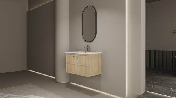 English Elm 30" Oak Wall-Mounted Bathroom Vanity with Ceramic Sink, 2 Soft-Closing Doors, Plywood Build, Space-Saving Design W1972S00022