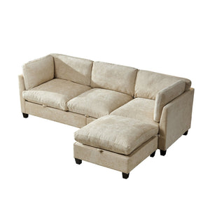 English Elm 96.5" L-shaped Chenille Sectional with Storage Ottoman Eucalyptus Frame Living Room Light Coffee W1097S00281