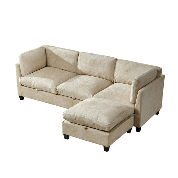 English Elm 96.5" L-shaped Chenille Sectional with Storage Ottoman Eucalyptus Frame Living Room Light Coffee W1097S00281