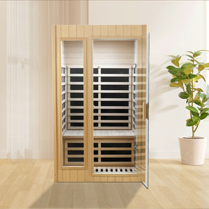 English Elm Hemlock Wood Two Person Far Infrared Indoor Sauna with Bluetooth and Led Lighting W2611S00002