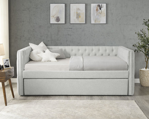 English Elm Luxurious Tufted Daybed with Nailhead Trim and Built-In Trundle — Elegant Rolled Arms, Plush Fabric Comfort Gray 86.22 L x 14.76 W x 9.06 H B011S01636