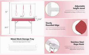 English Elm 47'' Foldable Dog Grooming Table X-lift Adjustable Height Station with Arm Noose Organizer Pink W3587P358729