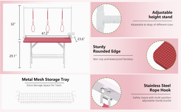 English Elm 47'' Foldable Dog Grooming Table X-lift Adjustable Height Station with Arm Noose Organizer Pink W3587P358729