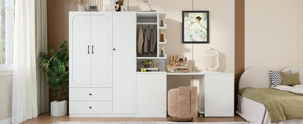 English Elm Multifunctional Wardrobe Cabinet with Fold Out Desk Hanging Rod and Storage Drawers Light White W1580S00475