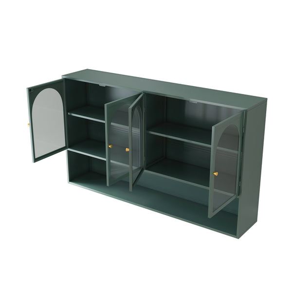 English Elm 47.25" Four-door Glass Wall Cabinet Storage - Dark Green Iron & Tempered Glass, Space-Saving Rustic Chic W757P250949