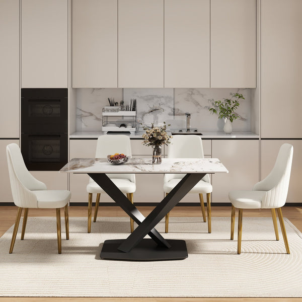 English Elm 55.12" Modern Artificial Stone Dining Table With Black Metal X-Leg Base For 6 - Stylish & Durable W1535S00539