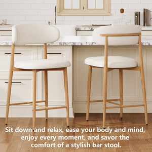 English Elm Counter Height Linen Upholstered Barstools Set of 2 Mid-century Tapered Metal Legs W3916P426287