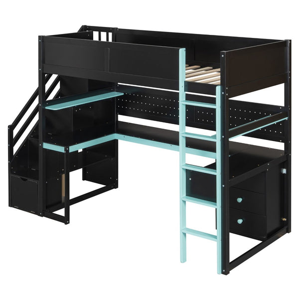 English Elm Full Size Gaming Loft Bed with Led Lighting Desk Shelves and Usb Charging Ports N820S00070C