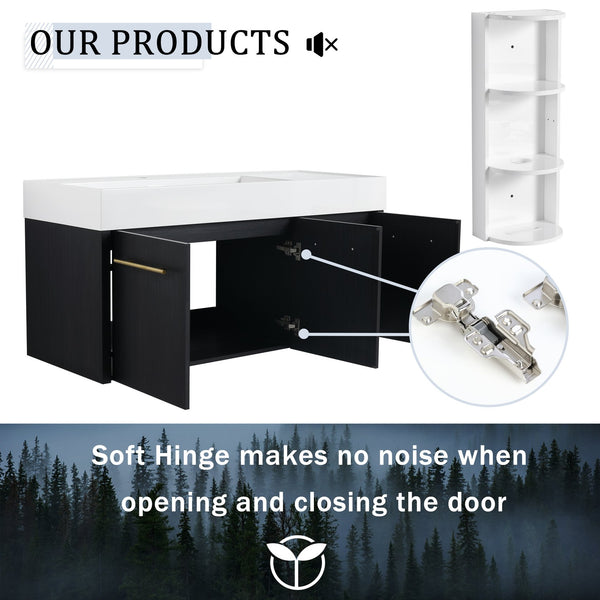 English Elm 48 Inch Wall-Mounted Bathroom Vanity Set With Left Basin Sink, Storage Rack & Soft-Close Hinges W999S00371