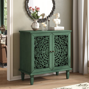English Elm Vintage Hollow-Carved Accent Cabinet with Floral Motif, 2-Door Sideboard, Adjustable Shelf, Solid Wood Legs Antique Green W1445P384720
