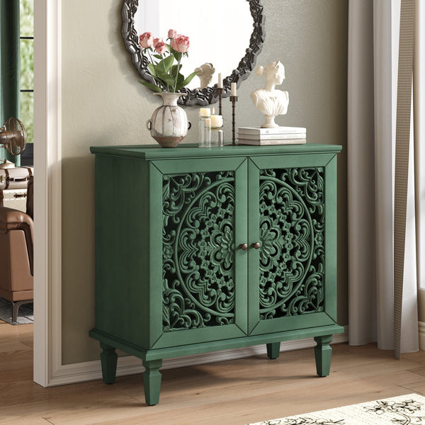 English Elm Vintage Hollow-Carved Accent Cabinet with Floral Motif, 2-Door Sideboard, Adjustable Shelf, Solid Wood Legs Antique Green W1445P384720
